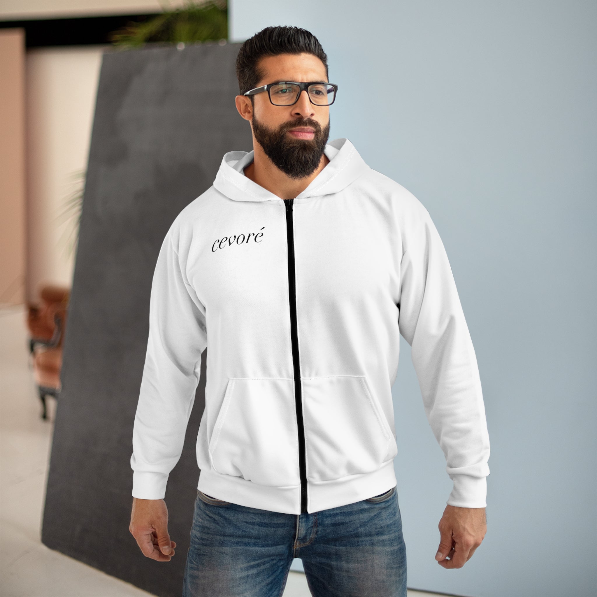 Zip Hoodie — 'cevoré' Statue Graphic Full-Print Zip-Up